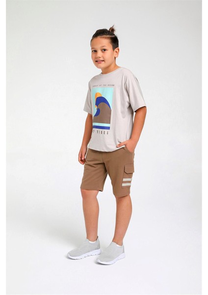 04 - 14 Yaş Erkek Çocuk Gri - Kahve Surf Vibes Şortlu Takım