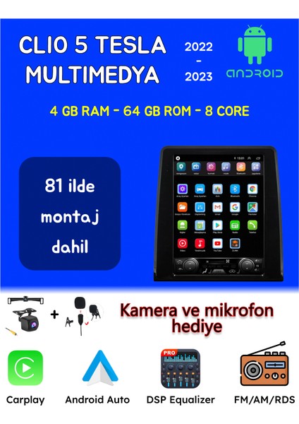 Renault Clio 5 Tesla Androidauto Carplay Multimedya 2022-2023 4gb Ram + 64GB Hafıza