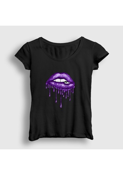 Kadın Siyah Lips Deep Purple T-Shirt