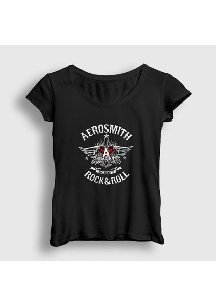 Kadın Siyah Rock And Roll Aerosmith T-Shirt