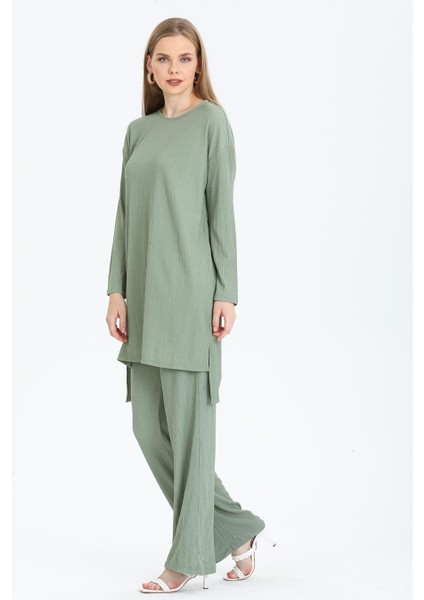 Kadın Bürümcük Kumaş Tunik-Pantolon Takım Haki