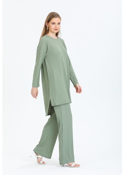 Kadın Bürümcük Kumaş Tunik-Pantolon Takım Haki