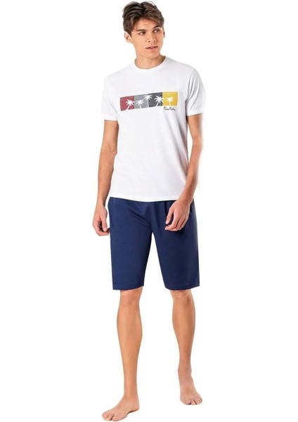 6010 Beyaz Erkek Kısa Kollu Şortlu Pijama Takımı