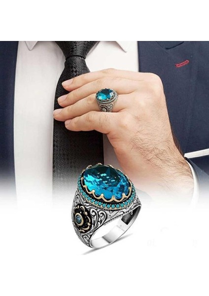Mavi Topaz Taşlı Gümüş Erkek Yüzük fiyatları