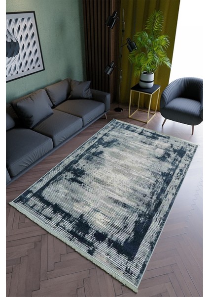 Salon Halısı Modern Lacivert Gri Yolluk Kaymaz Yuvarlak Oval Kesme Ince Yıkanabilir Halı