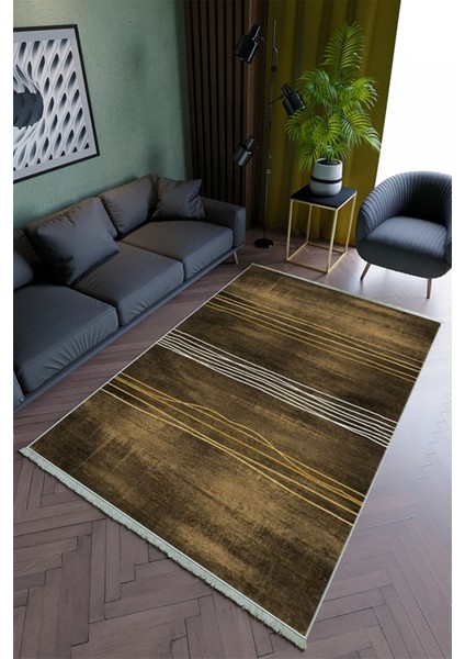 Salon Halısı Modern Kahverengi Altın Yolluk Kaymaz Yuvarlak Oval Kesme Ince Yıkanabilir Halı