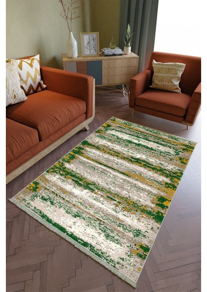 Salon Halısı Otantik Yeşil Sarı Ekru Yolluk Kaymaz Yuvarlak Oval Kesme Ince Yıkanabilir Halı