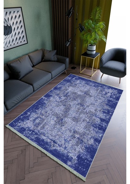 Salon Halısı Modern Lacivert Yolluk Kaymaz Yuvarlak Oval Kesme Ince Yıkanabilir Halı