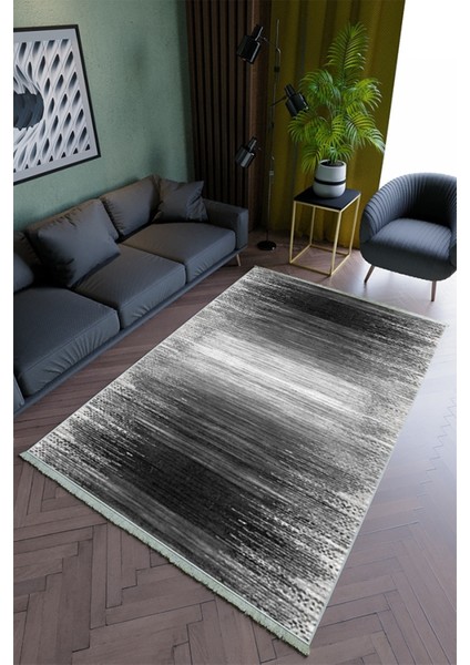 Salon Halısı Modern Siyah Gri Yolluk Kaymaz Yuvarlak Oval Kesme Ince Yıkanabilir Halı
