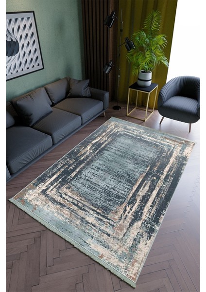 Salon Halısı Modern Bej - Lacivert Yolluk Kaymaz Yuvarlak Oval Kesme Ince Yıkanabilir Halı