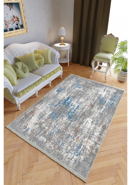 Klasik Salon Halısı Mavi Gri Yolluk Kaymaz Yuvarlak Oval Kesme Ince Yıkanabilir Halı