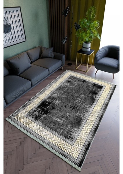 Salon Halısı Modern Gold Siyah Yolluk Kaymaz Yuvarlak Oval Kesme Ince Yıkanabilir Halı