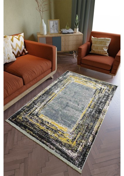 Salon Halısı Otantik Sarı Siyah Gri Yolluk Kaymaz Yuvarlak Oval Kesme Ince Yıkanabilir Halı