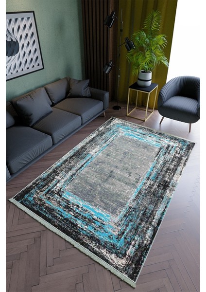 Salon Halısı Modern Mavi Siyah Gri Yolluk Kaymaz Yuvarlak Oval Kesme Ince Yıkanabilir Halı