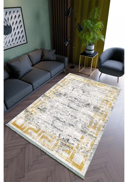 Salon Halısı Modern Gold Gri Yolluk Kaymaz Yuvarlak Oval Kesme Ince Yıkanabilir Halı