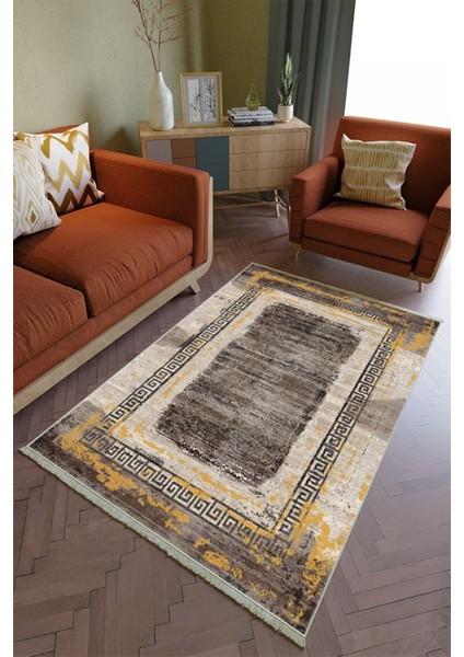 Salon Halısı Otantik Sarı Kahverengi Yolluk Kaymaz Yuvarlak Oval Kesme Ince Yıkanabilir Halı