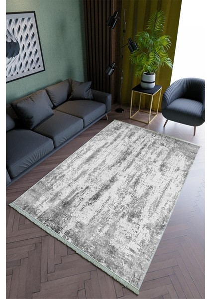 Salon Halısı Modern Gri Yolluk Kaymaz Yuvarlak Oval Kesme Ince Yıkanabilir Halı
