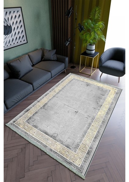 Salon Halısı Modern Altın Gri Yolluk Kaymaz Yuvarlak Oval Kesme Ince Yıkanabilir Halı