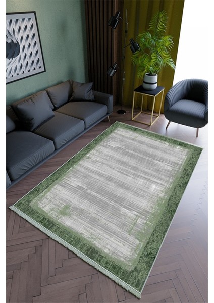 Salon Halısı Modern Yeşil Yolluk Kaymaz Yuvarlak Oval Kesme Ince Yıkanabilir Halı