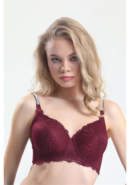 5985 Kadın Bordo Askısı Taşlı Dantelli Büyük Beden Sütyen