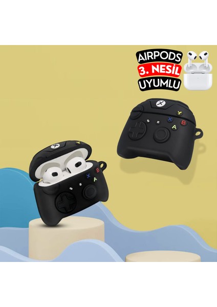 Airpods 3. Nesil Siyah Oyun Konsolu Figürlü Kopçalı Koruyucu Silikon Kılıf, Darbe Emici Kılıf fırsatları