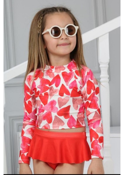 Yeni Trend Kalp Desenli Güneş Korumalı Uzun Kol Crop Üst Mini Etek Altı Fırfırlı Bikini Takımı fiyatları