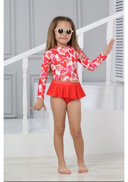 Yeni Trend Kalp Desenli Güneş Korumalı Uzun Kol Crop Üst Mini Etek Altı Fırfırlı Bikini Takımı modelleri