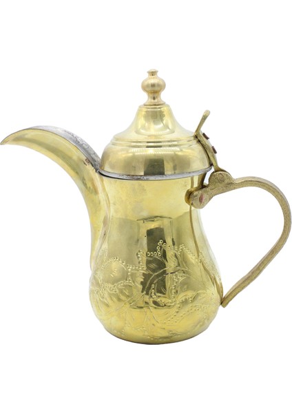 El Işlemeli Yaprak Desenli Dallah Mırra Cezvesi Altın Renk 25 cm