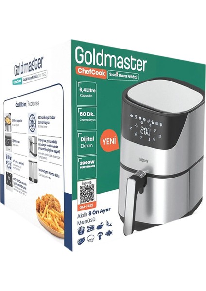 Chefcook 2000 Watt Yüksek Güç 6,4 Litre Inox Geniş Xxl Dokunmatik Airfryer Yağsız Sıcak Hava Fritözü