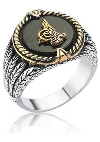 Gümüş Siyah Taşlı Tuğralı Erkek Yüzük