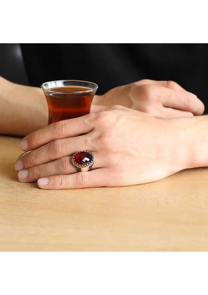 Gümüş Kırmızı Zirkon Taşlı Erkek Yüzük fiyatları