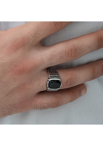 Gümüş Oniks Taşlı Örgü Desenli Erkek Yüzük fırsatları