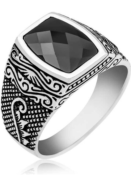 Gümüş Kesme Taşlı Desenli Erkek Yüzük