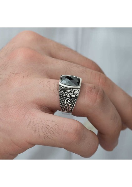 Gümüş Kesme Taşlı Desenli Erkek Yüzük modelleri