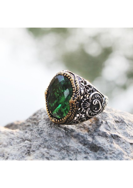 Gümüş Yeşil Zirkon Taşlı Erkek Yüzük modelleri