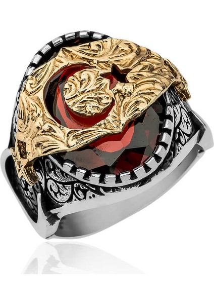 Gümüş Kırmızı Fasetli Taşlı Ay Yıldız Erkek Yüzük