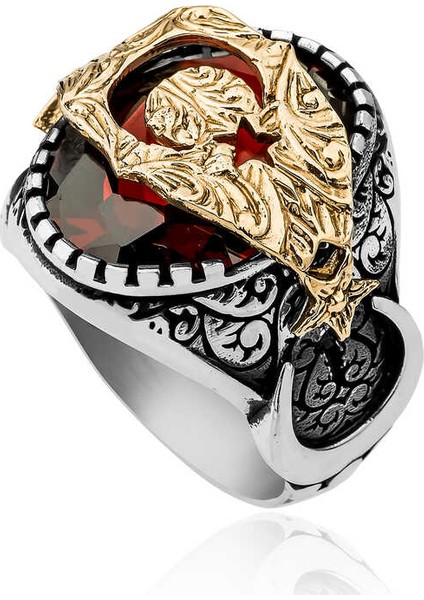 Gümüş Kırmızı Fasetli Taşlı Ay Yıldız Erkek Yüzük fiyatları
