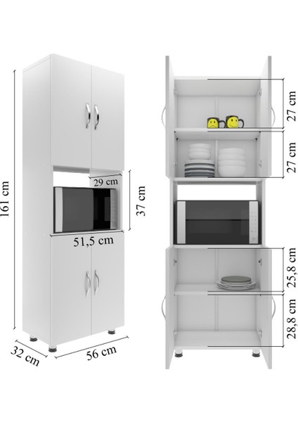4 Kapaklı Orta Bölmeli, Çok Amaçlı Mutfak Dolabı, Mini Fırın Bölmeli - Beyaz, 161x56x32 cm