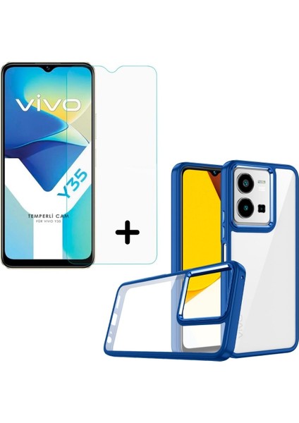 Vivo Y35 ile Uyumlu Kılıf Kontrast Renkli Telefon Kılıfı ve Temperli Cam Ekran Koruyucu Seti
