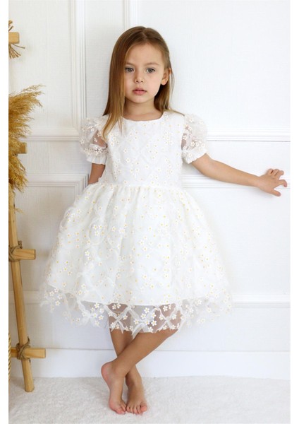 Beyaz Kısa Kollu Papatya Tüllü Kız Çocuk Elbise - Hillary