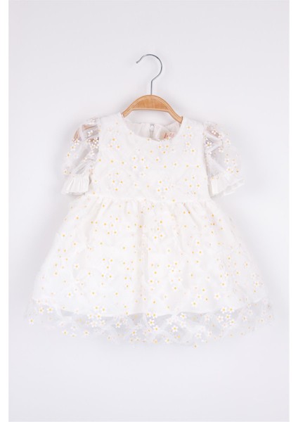 Beyaz Kısa Kollu Papatya Tüllü Kız Çocuk Elbise - Hillary modelleri