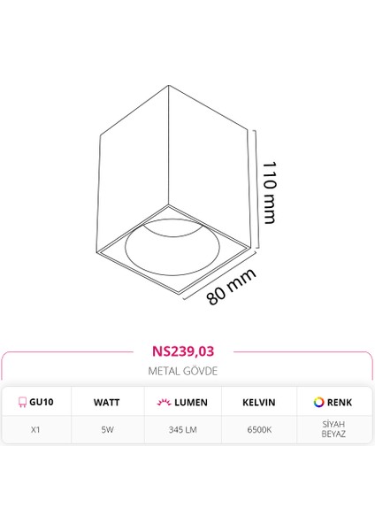 5W Sıva Üstü Tavan Armatürü Siyah Beyaz 6500K Beyaz Işık NS239