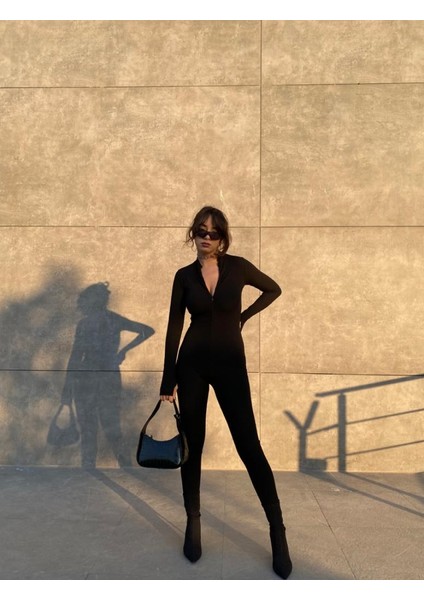 Fermuarlı Siyah Tayt Tulum modelleri