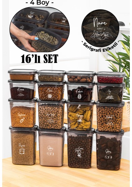 Beyaz Serigrafi Etiketli 16LI Peggy Dikdörtgen Saklama Kabı Seti 4X(1500-1150-800-400 Ml) Antrasit