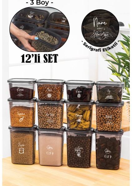 Beyaz Serigrafi Etiketli 12LI Peggy Dikdörtgen Saklama Kabı Seti 4X(1500-1150-800 Ml) Antrasit