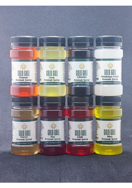 Gold Gull Kavun,nar,lime,çilek,ananas,muz,Çikolata,Hindistan Cevizi Aromalı Kahve & Meyve Şurupları 8 x 80 ml