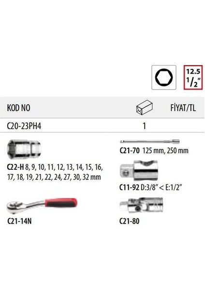 C20-23PH4 1/2'' 6 Köşe Lokma Takımı 23 Parça