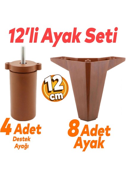 Sedir 12'li Set Mobilya Koltuk Kanepe Baza Tv Ünitesi Çekyat Destek Ayağı 12 Cm Kahverengi Ayakları
