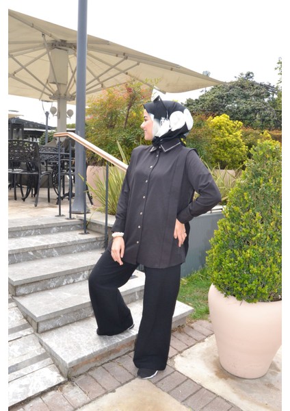 Siyah Yakası Zımbalı Gömlek Tunik