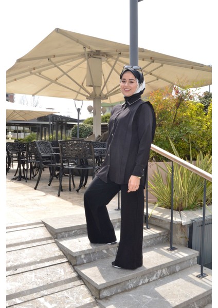 Siyah Yakası Zımbalı Gömlek Tunik